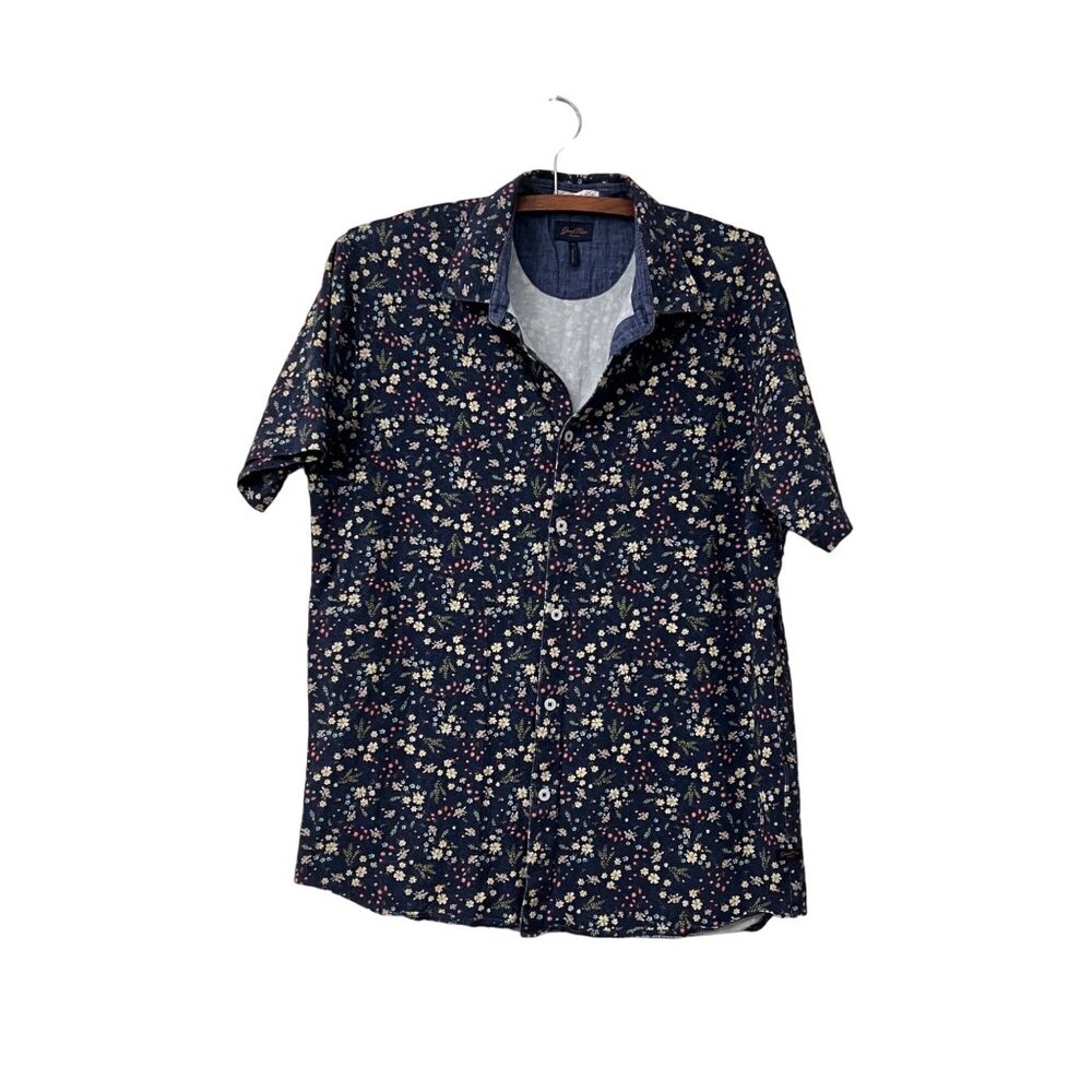 Good Man Brand Mens Navy Blue Floral Short Sleeve Knit Button Shirt Size M